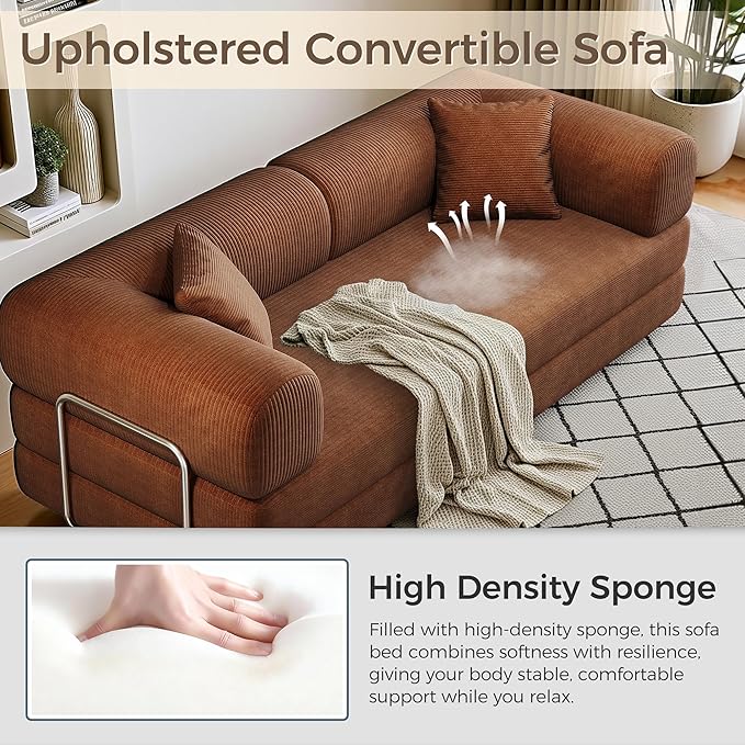 78.5'' Convertible Folding Sofa Bed – 4-in-1 Modular Floor Couch Corduroy Small Cloud Couch Compressed Foldable Sleeper Sofa King Size Futon for Bedroom Guest Room (Brown-02)