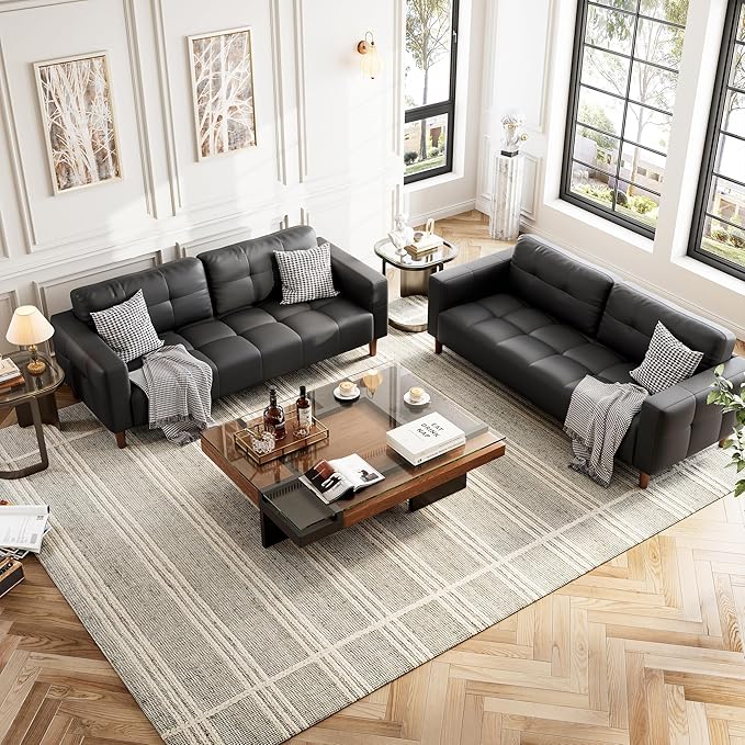 GarveeHome 3-Seater Sofa Couch 83 Wide Faux Leather Sofa Couch with Spring Cushion Modern Sofa with Deep Seats and 2 Removable Back Cushions for Living Room Apartment Office Modern Black