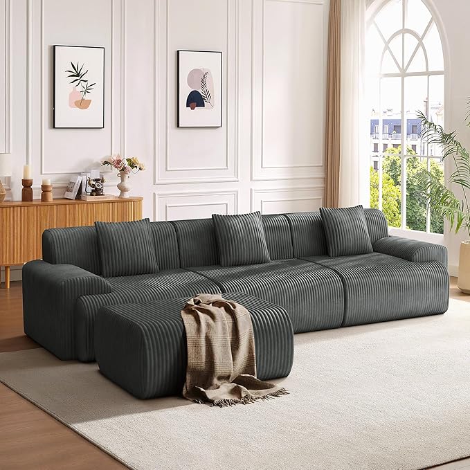 118 Modern L Shaped Modular Sectional Sofa Boneless Cloud Couch with Ottoman Oversized Corduroy Couch Deep Seat 30D Sponge for Indoor Living Room No Assembly Required(Gray)