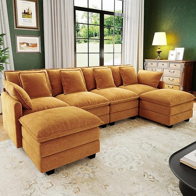 107 Cloud Couch Sectional U Shaped Modular Sectional Sofa 4-Seat Deep Seat Couch with 6 Removable Washable Pillows and 2 Ottoman for Living Room Bedroom Apartment Orange