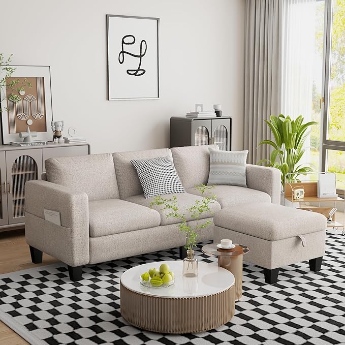 ZeeFu Convertible Sectional Sofa Couch 3 Seat L-Shaped Sofa with Movable Ottoman Modern Mocha Brown Velvet Linen Upholstered Small Sectional Sofa Couch for Small Space Apartment Living Room Office