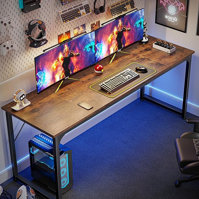 Huuger Computer Desk 70 Inch Office Desk Gaming Desk with Storage Writing Desk Work Desk for Home Office Study Long Simple Desk Large Legroom Metal Frame Rustic Brown