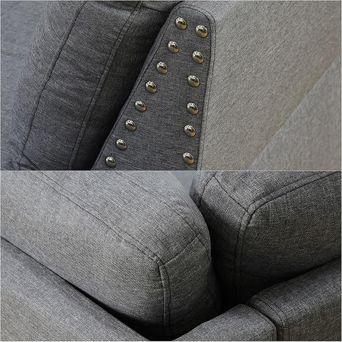 L Shaped Sectional Couch with Reversible Cup Holder and Chaise 4 Seater Lounge Sofa Modern Nailhead Design with Storage Ottoman Grey