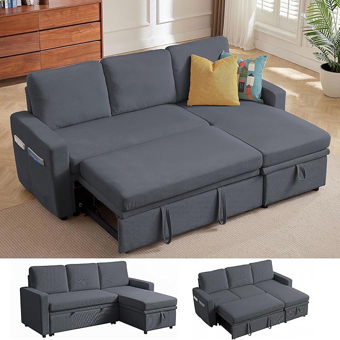 Sleeper Sofa Bed Convertible L Shaped Sofa | Pull Out Bed with Reversible Storage Chaise | Layered Storage | Side Pockets | 3-Seater Comfy 79 Sectional Pullout Couch for Living Room Dark Grey