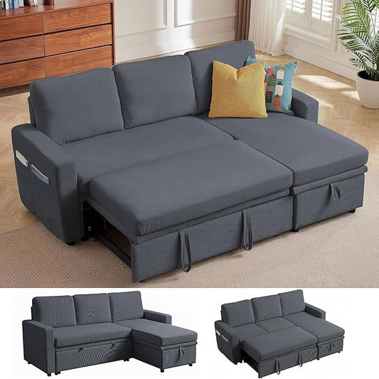 Sleeper Sofa Bed Convertible L Shaped Sofa | Pull Out Bed with Reversible Storage Chaise | Layered Storage | Side Pockets | 3-Seater Comfy 79 Sectional Pullout Couch for Living Room Dark Grey