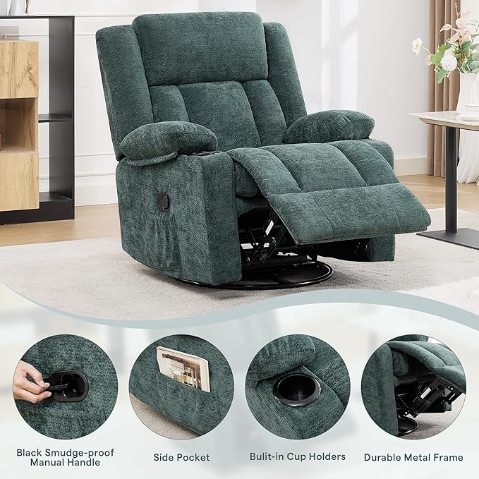 Swivel Rocker Recliner for Adults Manual Lazy Boy Recliner Chair with Cup Holders 360 Degree Rotating Nursery Rocking Chair Glider Recliner for Living Room (Green)