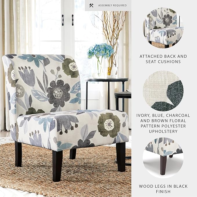Signature Design by Ashley Triptis Floral Armless Accent Chair with Attached Cushions Fabric Upholstery Wood Legs 16.63 Seat Height White Blue &amp Gray