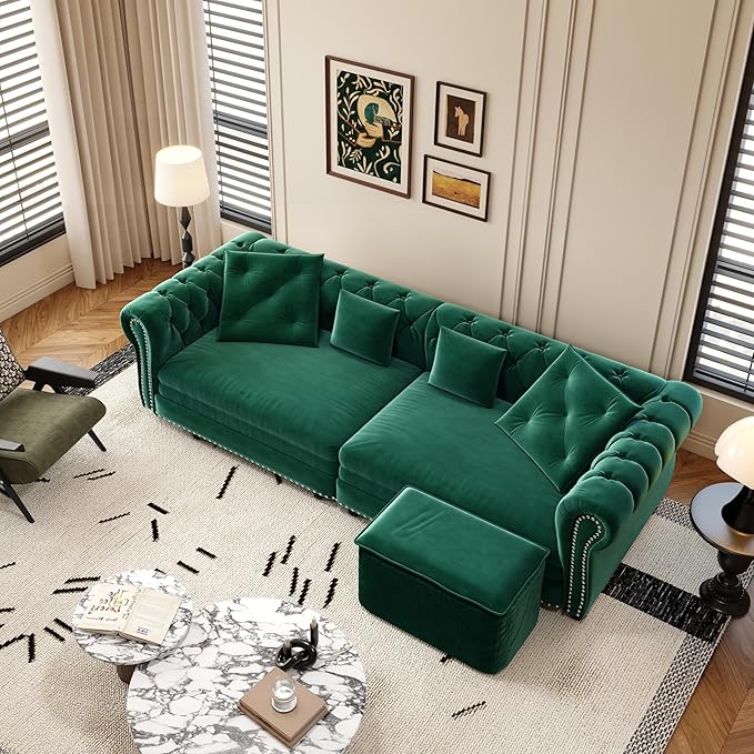 3-in-1 Convertible Sleeper Sofa Bed with Storage Ottoman King Size Velvet Tufted Chesterfield Sofa for Living Room Apartment Guest Room (Green)