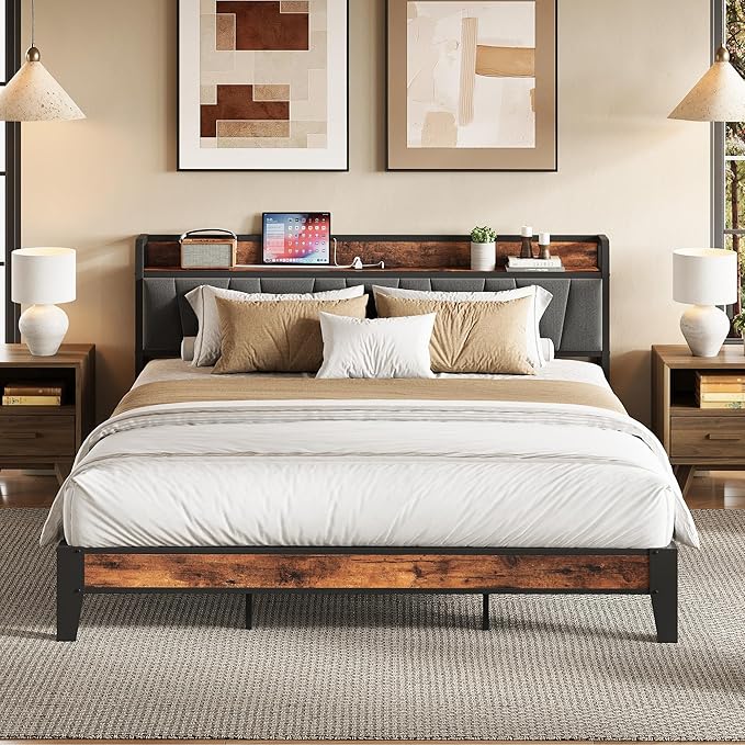 LIKIMIO King Size Bed Frame Storage Headboard with Charging Station Solid and Stable Noise Free No Box Spring Needed Easy Assembly