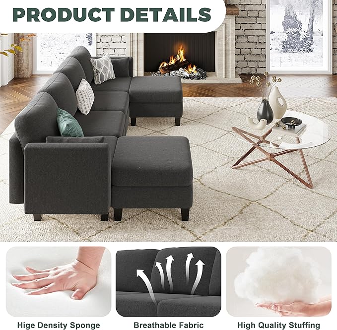 Modular Sectional Sofa 6 Seaters Modular Sleeper Sofa Couch Comfy Sectionals Couches Bed Convertible Sofas with Ottomans Sectional Couches for Living Room Dark Grey