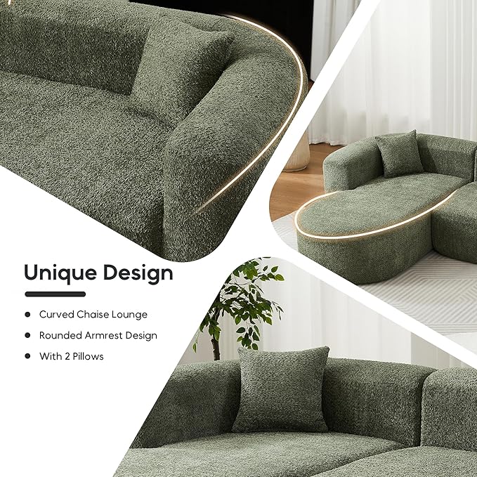 Oversized Sectional Sofa with Chaise with 2 Throw Pillows 109 Modern Luxury Chenille Sofa Extra Wide Seat L-Shape Curved Cloud Couch for Living Room (Left Chaise Green)