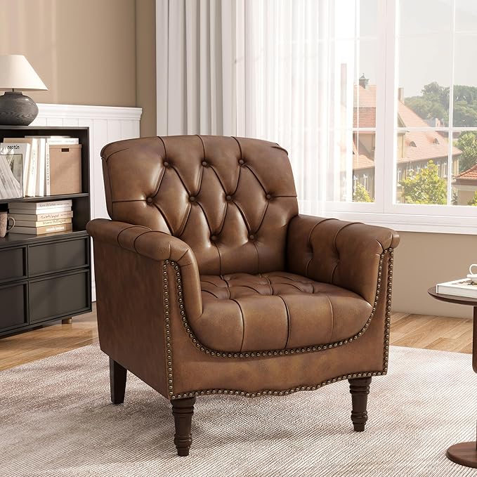 Faux Leather Accent Chair Modern Armchair Club Chair with Nailhead Trims &amp Wood Legs for Living Room Upholstered Comfy Arm Chair Side Chair for Office Bedroom-Brown