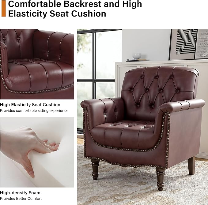 Faux Leather Club Chairs Set of 2 Retro Upholstered Armchair Accent Chair with Solid Wood Legs &amp Nailhead Trim for Living Room/Reading Room Dark Red