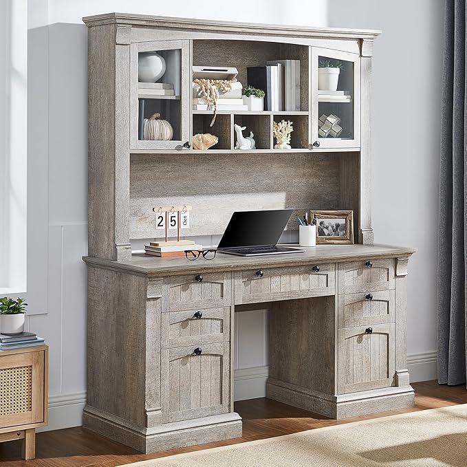 OKD 60 Executive Desk with Hutch and Drawers Farmhouse Home Office Desk with Charging Station Keyboard Tray File Cabinet Storage Wood Computer Desk for Work and Study Light Rustic Oak