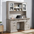OKD 60 Executive Desk with Hutch and Drawers Farmhouse Home Office Desk with Charging Station Keyboard Tray File Cabinet Storage Wood Computer Desk for Work and Study Light Rustic Oak