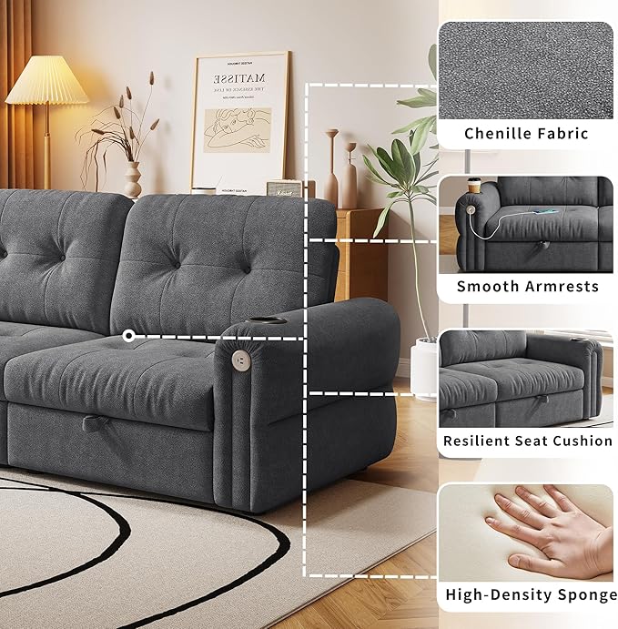 77 Pull Out Sofa Bed Velvet Convertible Sleeper Couch Loveseat Chaise Lounge with Cup Holder and USB Pullout Futon Sofa Bed for Living Room Bedroom Small Spaces RV (Dark Grey)