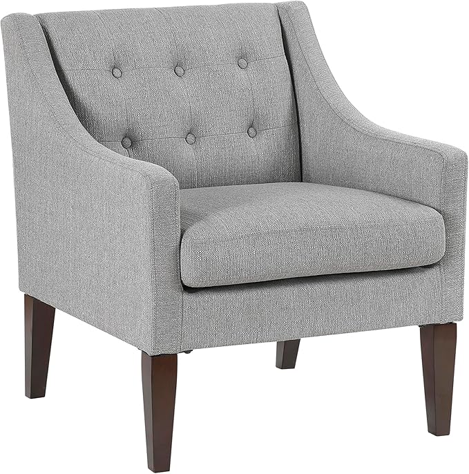 Lexicon Living Room Accent Chair Textured Fabric Upholstered Arm Chair with Button Tufted Back Sloped Arms and Wooden Legs Gray
