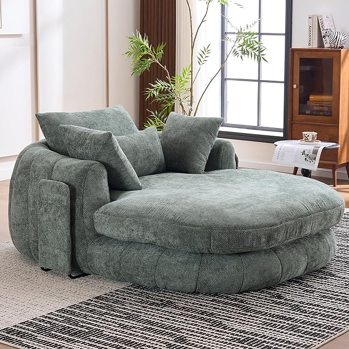 Oversized Chaise Lounge Indoor Deep Seat Boneless Sofa Bed with Throw Pillows Plush Chenille Fabric No Assembly Required Comfy Sleeper Sofa for Living Room Bedroom (Green with Pocket)