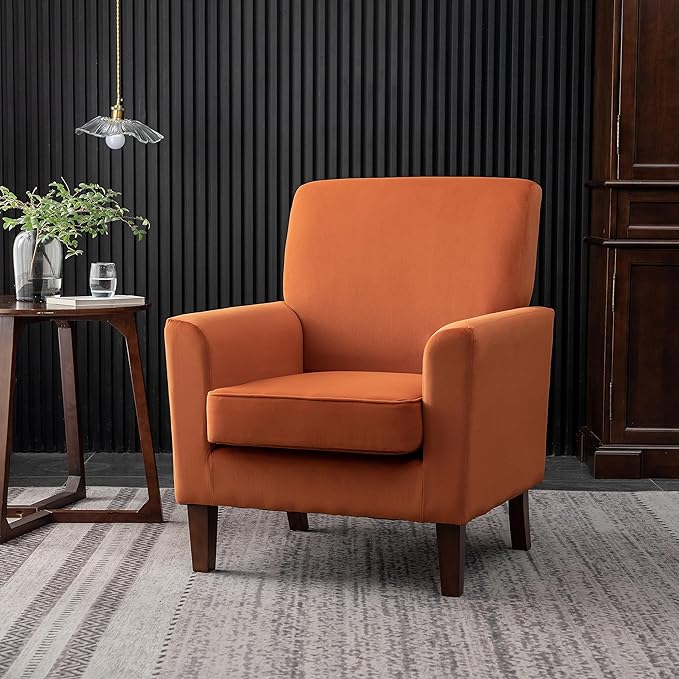 Contemporary Accent Arm Chair with Birch Wood Frame and Velvet Upholstery Armchair for Office and Living Room Decor Removable Cushions Orange