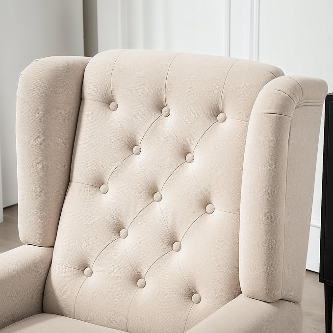 HOMCOM Mid-Century Modern Accent Chair High Wingback Reading Chair Button-Tufted Upholstered Fabric Armchair with Retro Wood Legs for Apartment Living Room Bedroom Beige
