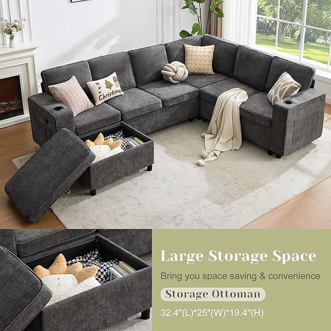 107 Inch Sectional Sleeper Sofa with Pull Out Bed 7 Seat U Shaped Modular Sectional Sofa with Storage Ottoman USB Port &amp 6 Pillows Sectional Couches for Living Room &amp Apartment Modular Cou