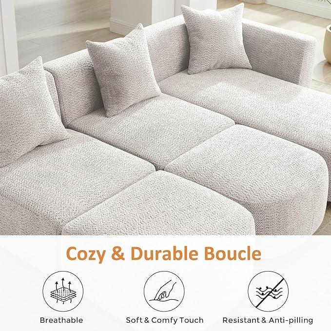 VANOMi 109.84 Modular Sectional Sofa with 3 Pillows Convertible 5-Seater Comfy Boucle Cloud Couch with Ottoman Modern Sectional Sofas for Living Room Office Apartment (Camel)