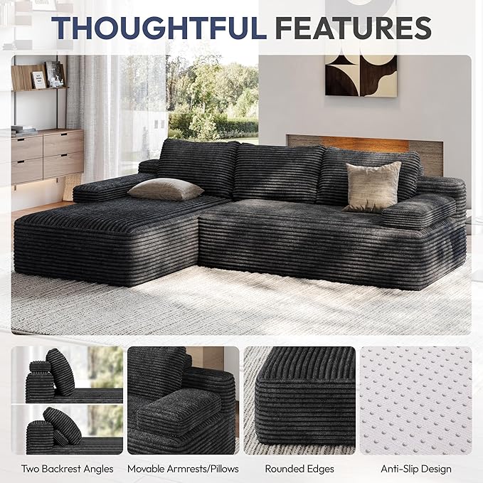 Yaheetech 110 Modular Sectional Sofa Corduroy Boneless Couch with Chaise L-Shape Cloud Couch with Detachable Pillows No Assembly Sofa for Living Room Dark Gray