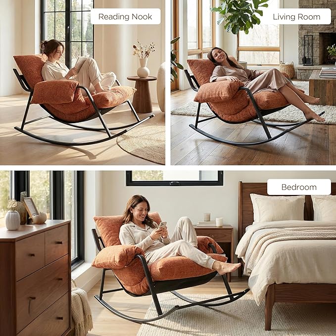 Acanva Oversized Rocking Chair Hybrid Latex Cushion Reading Chair with Aluminum Frame Chenille Lounge Armchair for Indoor Bedroom Living Room Reading Nook Tangerine