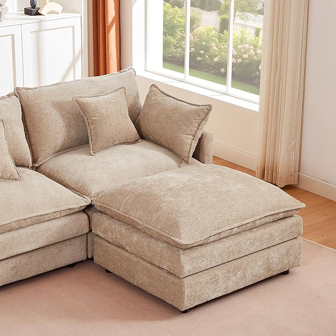 Cloud Couch Modular Sectional Sofa 102-Inch L-Shaped Chenille Fabric 3-Seater with Movable Ottoman Living Room Couch Set with Memory Foam Cushions (Coffee L)