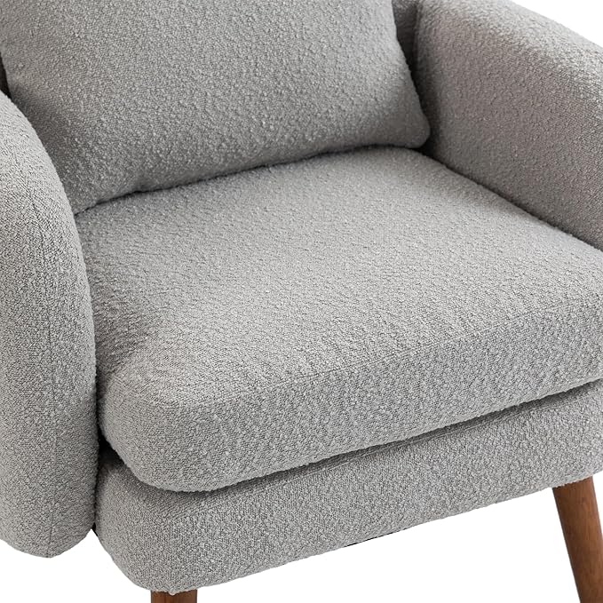 Mid Century Lounge Armchair with Boucle Fabric Solid Wood Legs and Comfortable Cushions Ideal for Bedroom and Living Room Reading and Relaxing (Gray)