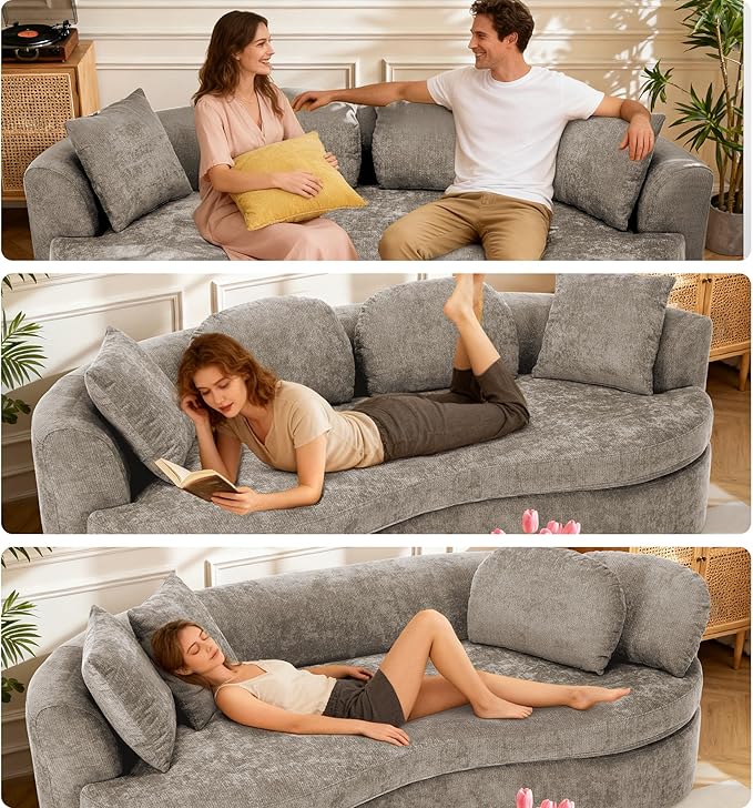 95” Modern Curved Sofa Chenille Fabric Comfy Cloud Couch No Assembly Required Half Moon Couch with Deep Seat 4 Pillows for Living Room Apartment Bedroom