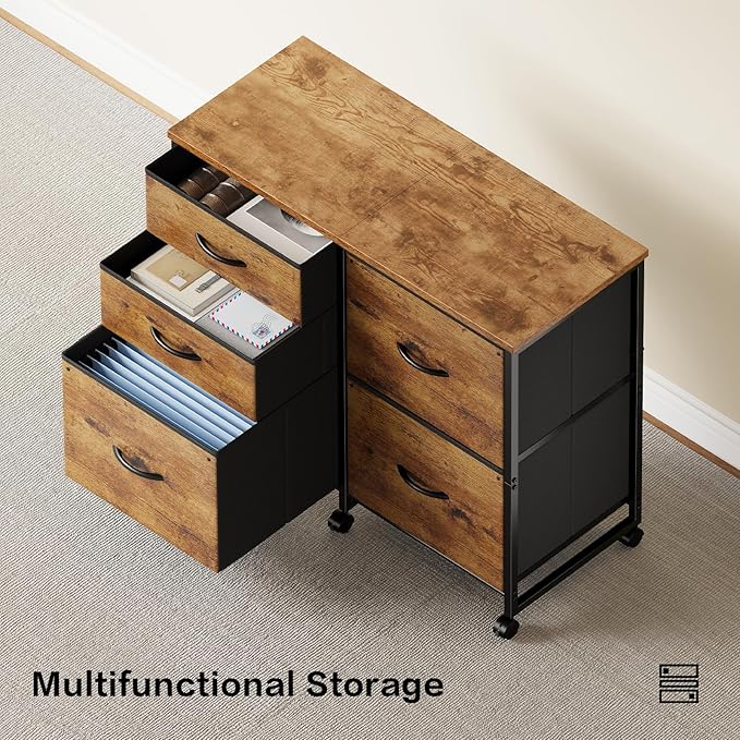 Lateral File Cabinet with 5 Drawers Rolling Filing Cabinets Under Desk Storage Printer Stand with WheelsMobile File Cabinet for Home OfficeRustic Brown