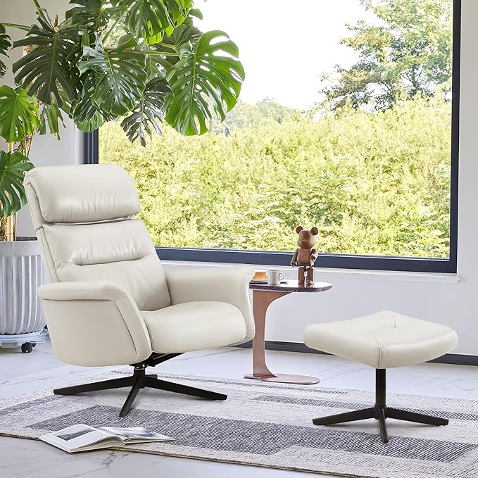 CHITA Genuine Leather Self-Weight Reclining Swivel Chair with Adjustable Headrest and Ottoman for Living Room Office Light Grey