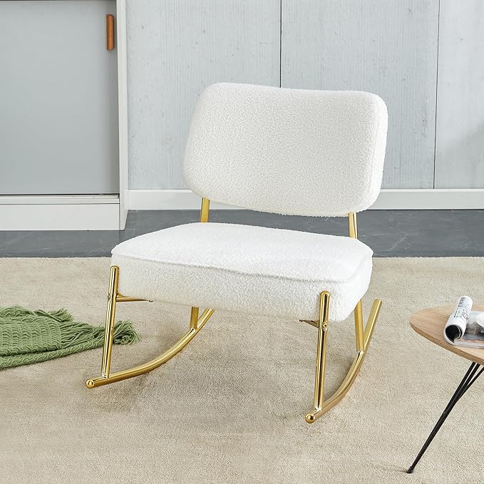 Teddy Suede Material Cushioned Rocking ChairUnique Rocking ChairCushioned seat White Rocking Chair with backrest and Golden Metal Legs. Comfortable Chairs in Living Room