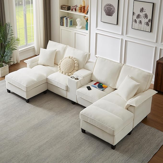 Ball &amp Cast 120 U-Shaped Sectional Couch with 2 Storage Chaise Footrest &amp 2 Throw Pillows4 Seat Corduroy Upholstered Modular Sofa W/2 Cup HoldersUSB Ports &amp Hidden Storage Box for Livin
