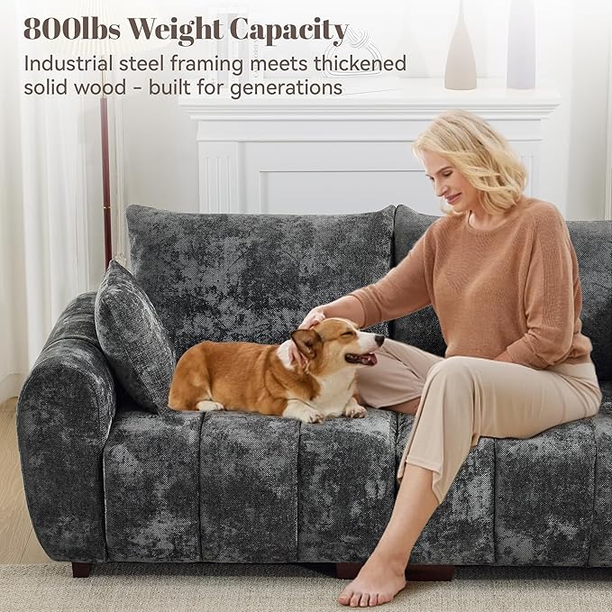 81.5 Chenille Love Seat Sofa 2 Seater Modular Sectional Couch with Deep Seat Solid Wood Legs Cloud Couch for Bedroom Living Room Mid Century Modern Loveseat Tufted Sofa Grey