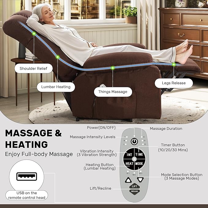 Power Lift Recliner Chair for Elderly Big and Tall Lift Chair with Massage and Heat for Living Room Fabric Electric Recliner Chairs with 4 Side Pockets USB Charge PortBrown