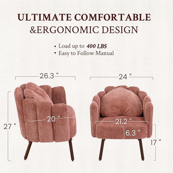 Furniliving Pink Vanity Chair Velvet Accent Chair for Living Room Shell Chairs with Wooden Legs Makeup Chair for Bedroom Armchair Cute Petal Reading Chair with Pillow
