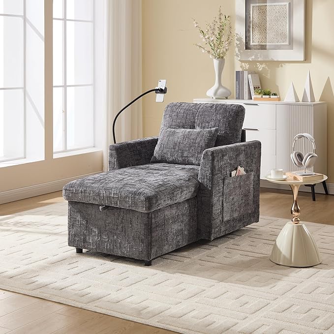 Multifunctional Sofa Recliner Chairs with Storage Cell Phone Bracket Chenille Recliner Chair Bed with Side Pockets and High Backrest Modern Living Room Single Lounge Chair (Gray)
