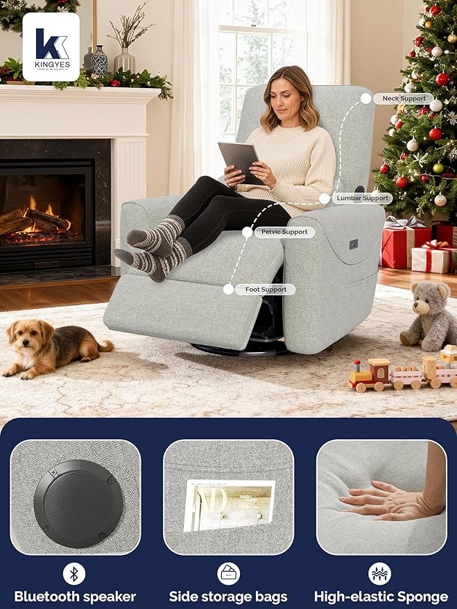 KINGYES Power Recliner Chair 270° Swivel Glider Living Room Recliner with USB-C Port Nursery Rocking Chair Gray