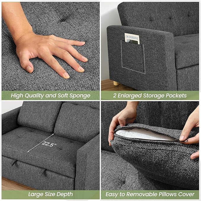 SEJOV Sleeper Sofa 3-in-1 Convertible Pull Out Couch Bed Futon Sofa Linen Fabric Loveseat with 2 Pillows and Adjustable Backrest Chaise Lounge for Small Spaces Apartment Dorm Office Black