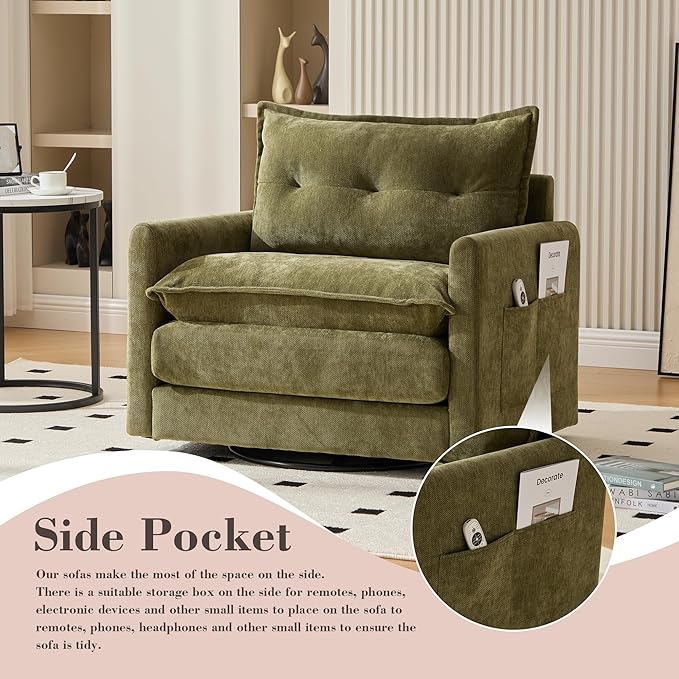 360° Swivel Accent Chair36.22” Swivel ArmchairSquare Accent Barrel Chair with Side Pockets - Upholstered Comfy Single Sofa Chair for Living Room Bedroom Reading Nook (Green)