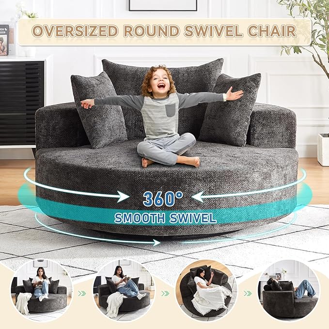 360° Oversized Swivel Chair Modern Circle Round Lounge Chair with Deep Seat Comfy Back Cushion &amp 2 Throw Pillows for Living Room Bedroom Office Black Chenille