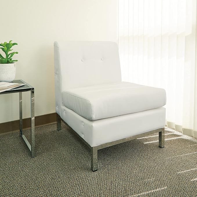 OSP Home Furnishings Wall Street Faux Leather Armless Chair with Box-Spring Cushion Button Tufted Back and Chrome Finish Base White