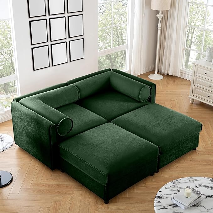 Oversized Modular Sectional Sofa 75.5 Chenille Loveseat with Cylindrical Backrest &amp Armrest Modern Comfy 2-Seat Sofa with 2 Ottoman Upholstered Deep Seat Couch for Living Room White