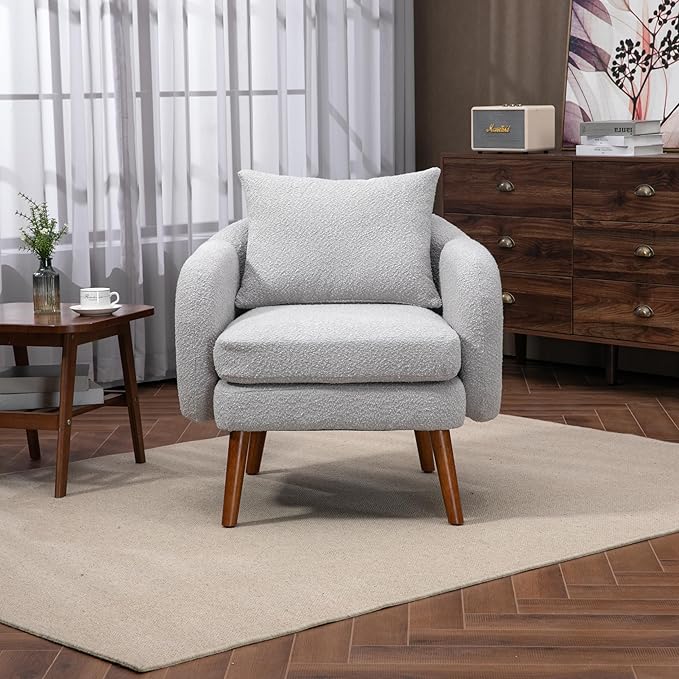 Mid Century Lounge Armchair with Boucle Fabric Solid Wood Legs and Comfortable Cushions Ideal for Bedroom and Living Room Reading and Relaxing (Gray)