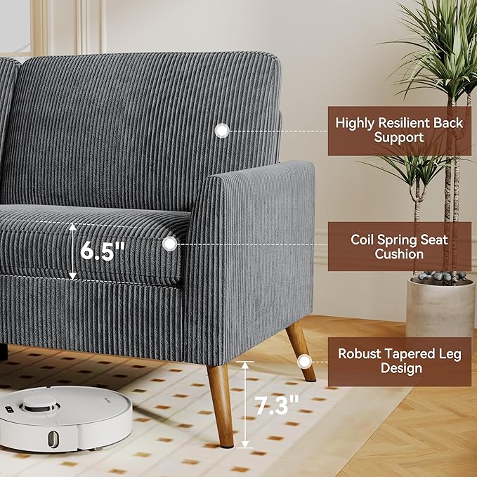 Vipbear 68 Loveseat Sofa - Dark Grey Comfy Corduroy with Spring Cushion Solid Wood Frame Modern Deep Seat Bedroom &amp Living Room Office Small Couch