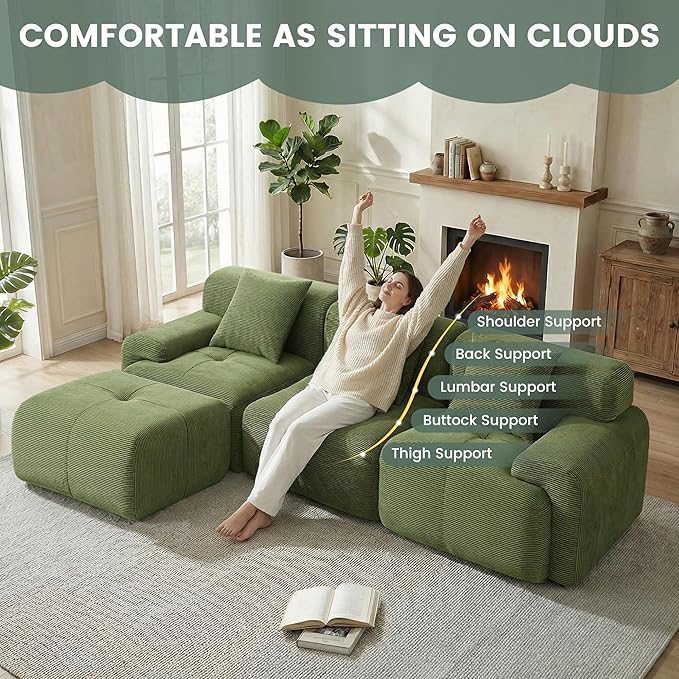104 Boneless Couch with Ottoman Upholstered Flexible Modular Sectional Sofa Cloud Couch with Deep Seat &amp Pillows for Small Spaces Boneless Couches for Living Room No Assembly Required Green