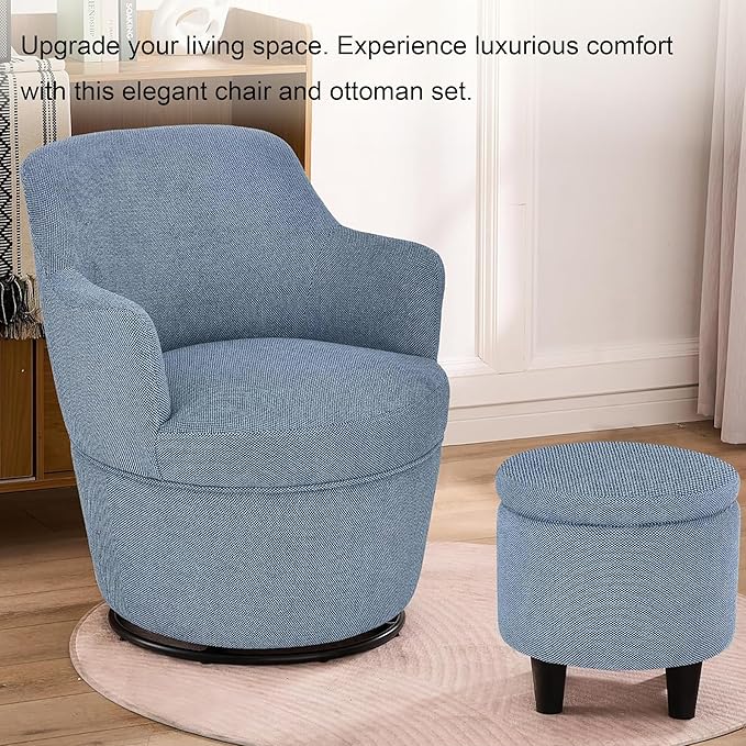 LOULENS Swivel Accent Chair and Ottoman Set Linen Fabric Upholstered Modern Barrel Chair with Ottoman Comfy Single Sofa Armchair with Footrest for Living Room Bedroom Reading Blue