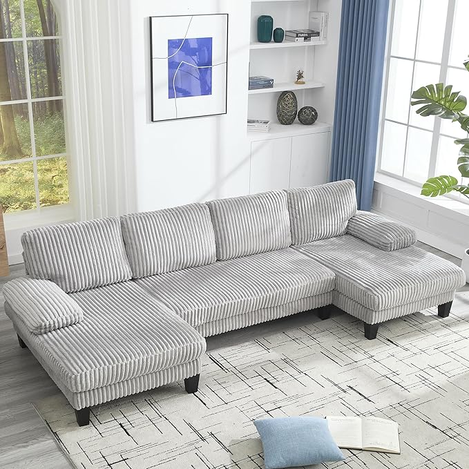 KEIKI 114 U-Shaped Oversized Modular Velvet Sectional Sofa with 2 Chaise Lounge Modern Style Upholstered 4-Seater Couch with Soft Seat Cushions Easy Assembly for Apartment Living Room Light Gray